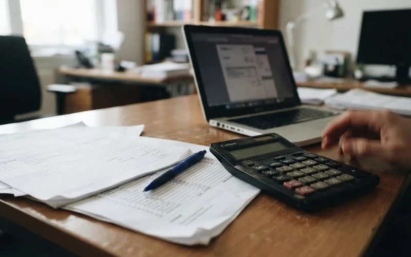 A stack of mortgage and foreclosure paperwork next to a calculator and pen on a desk