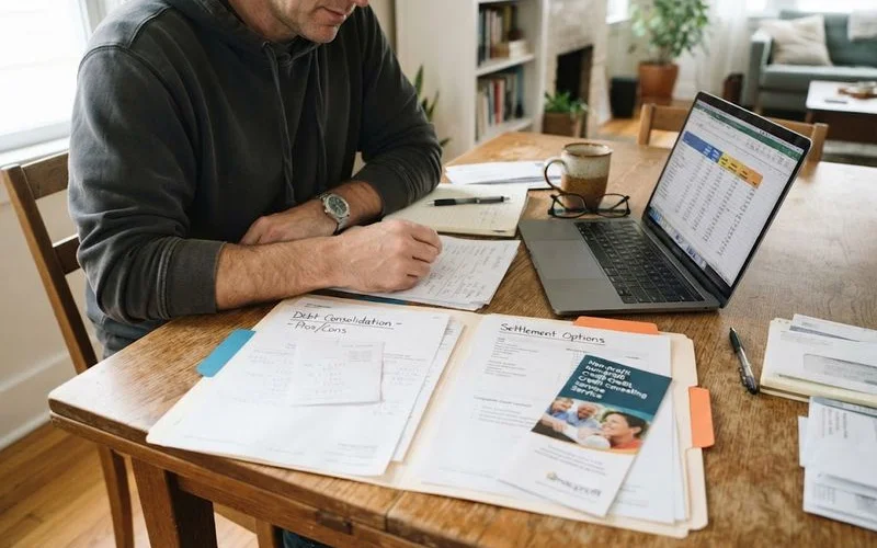 A person reviewing overdue bills and a laptop showing account balances at a kitchen table
