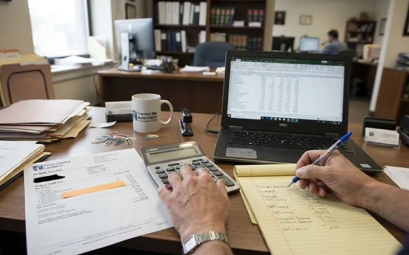 A gavel and foreclosure sale documents next to a calculator representing a deficiency judgment calculation