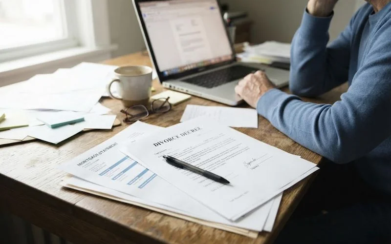 A couple reviewing mortgage and divorce paperwork separately at a table