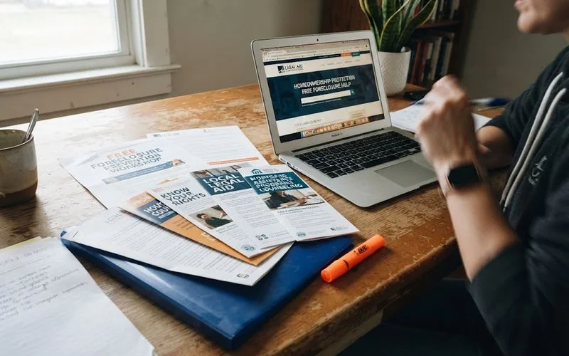 A homeowner reviewing free housing counseling resources and paperwork at home