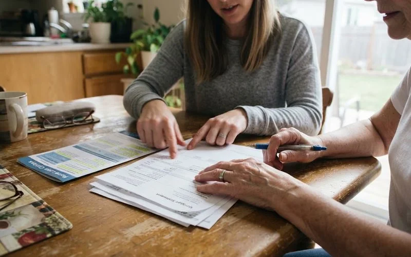 An adult child and an aging parent reviewing mortgage paperwork together at the kitchen table