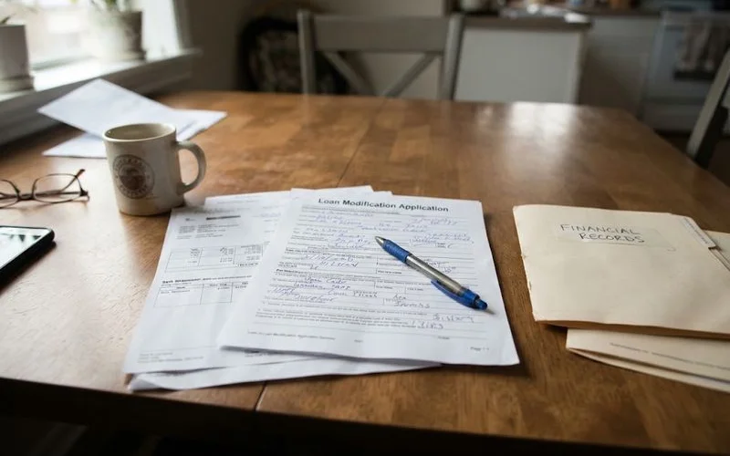 A loan modification application form and financial documents laid out on a desk