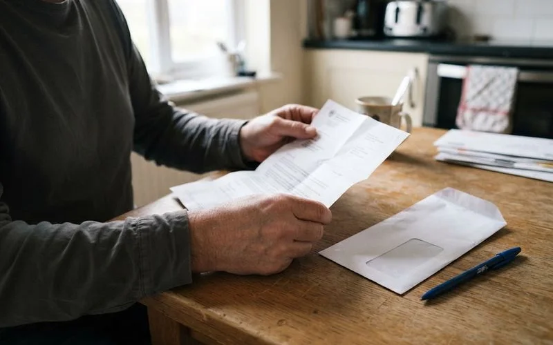 A person opening a mortgage default notice letter at home with paperwork spread on a table