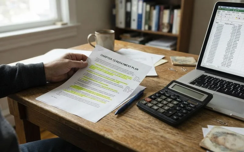 A homeowner reviewing a Chapter 13 repayment plan document with a bankruptcy attorney