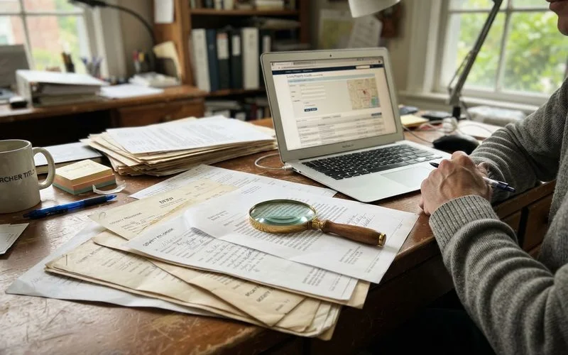 A title attorney reviewing county property records and a chain of title document at a desk