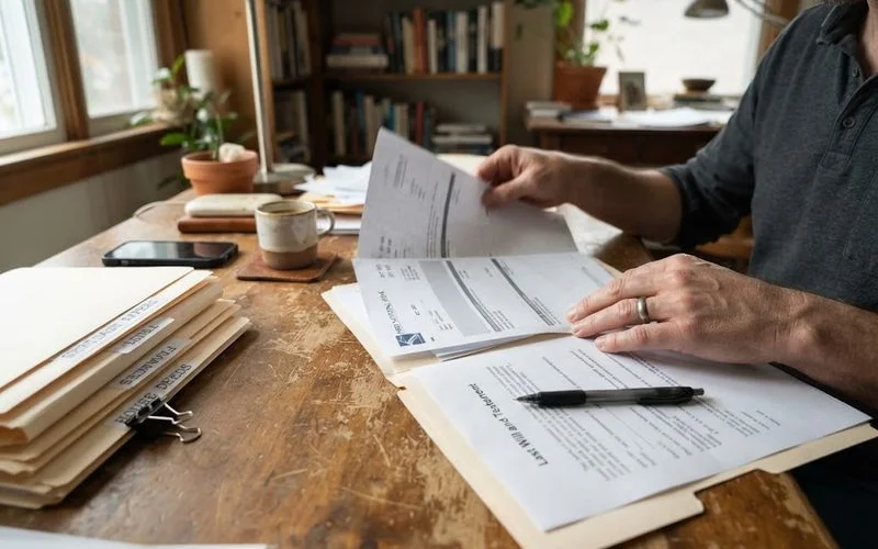 Family members reviewing estate and mortgage paperwork together at a table after a loss