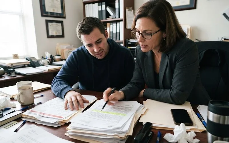 A homeowner and an attorney reviewing foreclosure paperwork together at a table with documents and a laptop