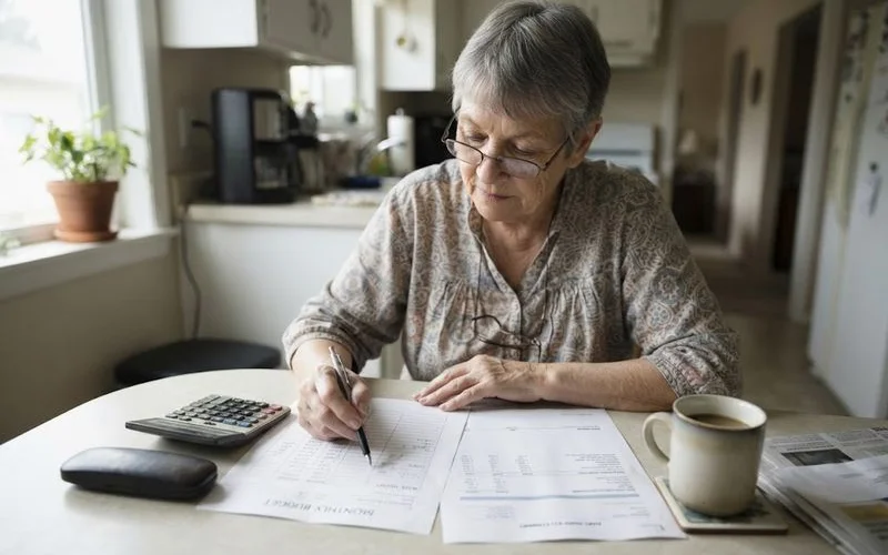 An older homeowner reviewing a Social Security statement and mortgage documents at a kitchen table