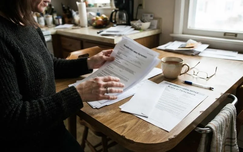A tenant reviewing a lease agreement and a notice letter after learning their rental property was foreclosed