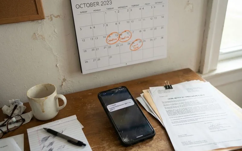 A calendar with foreclosure process deadlines marked and a folder of legal notices beside it